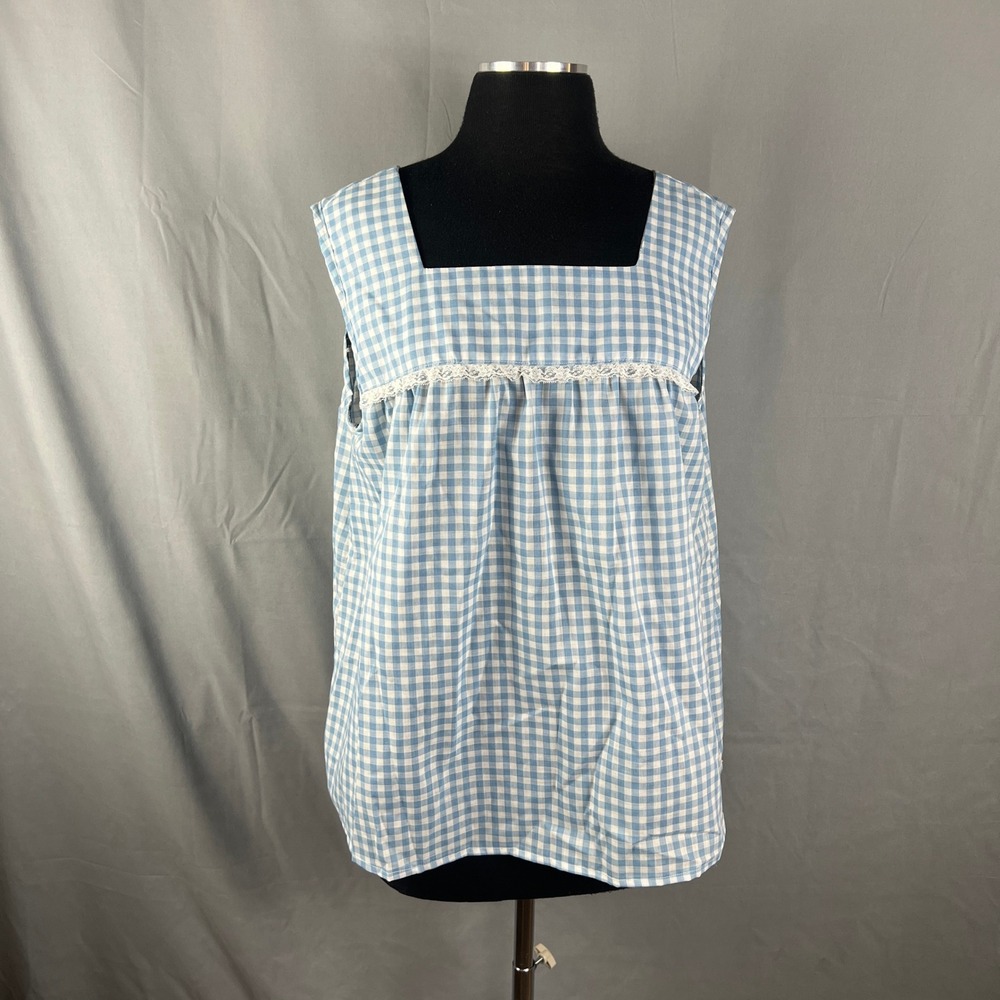 Vintage Womens Blouse Top L Blue White Gingham Check Gathered Detail Wide Strap